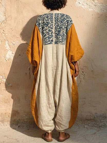 Saar - Boho Linnen Jumpsuit Dames met Diepe V-hals en Kleurblok Patchwork