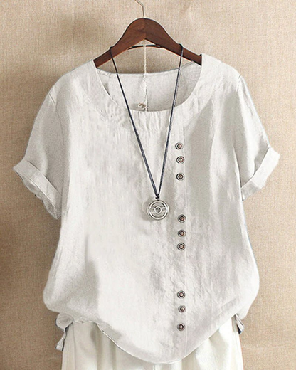 Saar - Boho Linnen Top Dames met Knopen en Ronde Hals