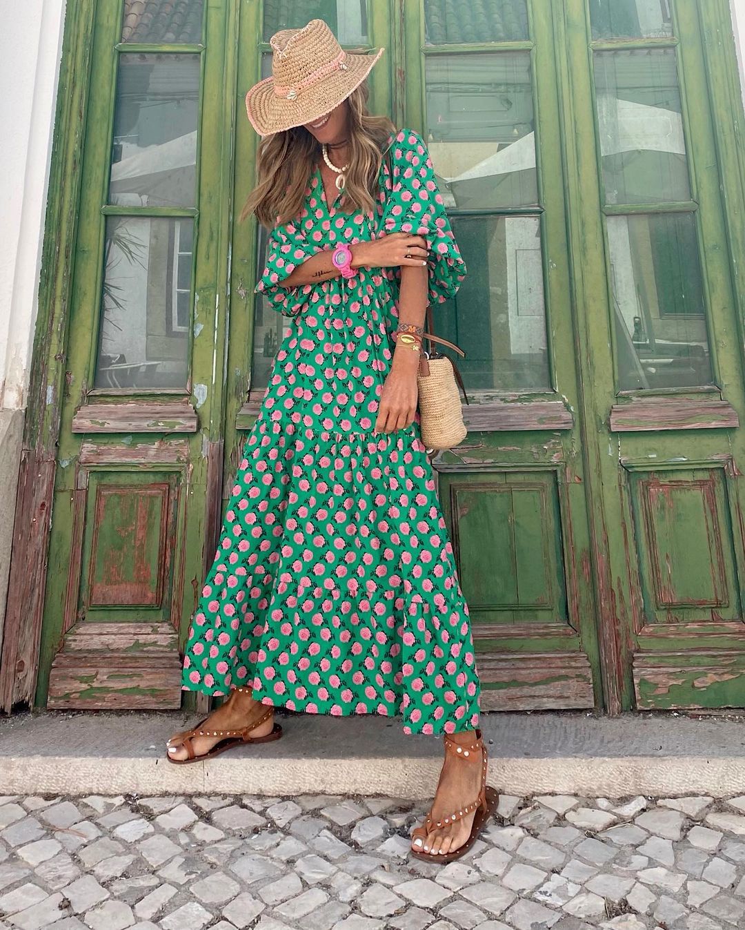 Saar - Boho Zomerjurk Dames Maxi met V-hals en Grafische Stippenprint