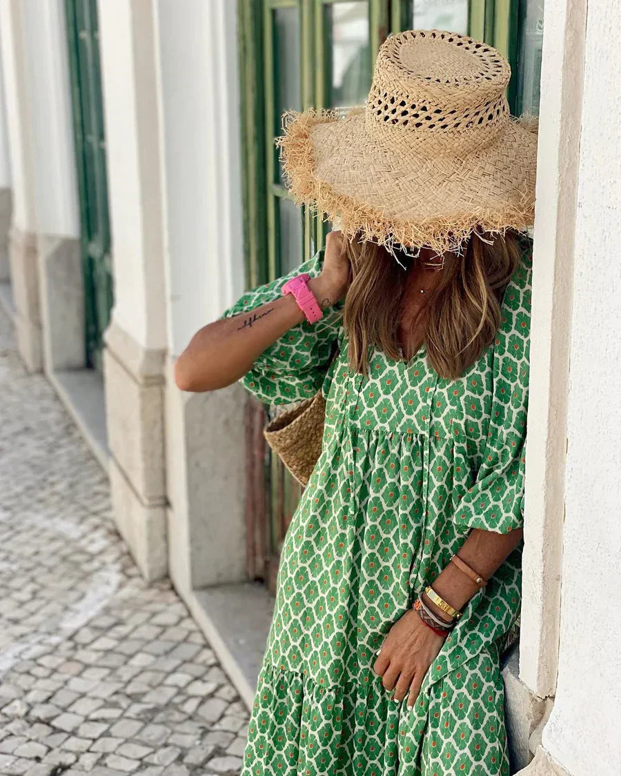 Saar - Boho Zomerjurk Dames Maxi met V-hals en Grafische Stippenprint