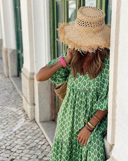 Saar - Boho Zomerjurk Dames Maxi met V-hals en Grafische Stippenprint