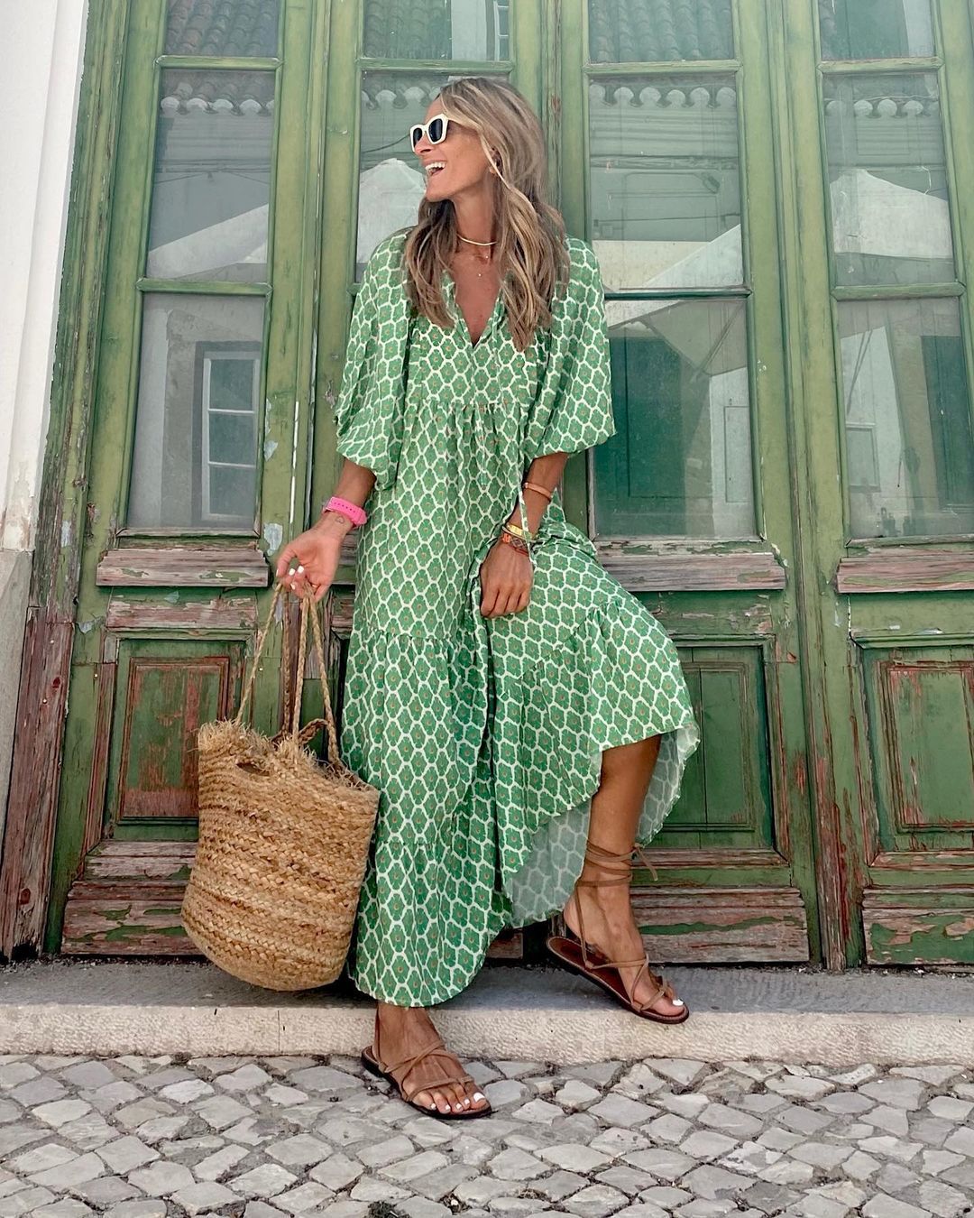 Saar - Boho Zomerjurk Dames Maxi met V-hals en Grafische Stippenprint