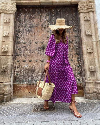 Saar - Boho Zomerjurk Dames Maxi met V-hals en Grafische Stippenprint