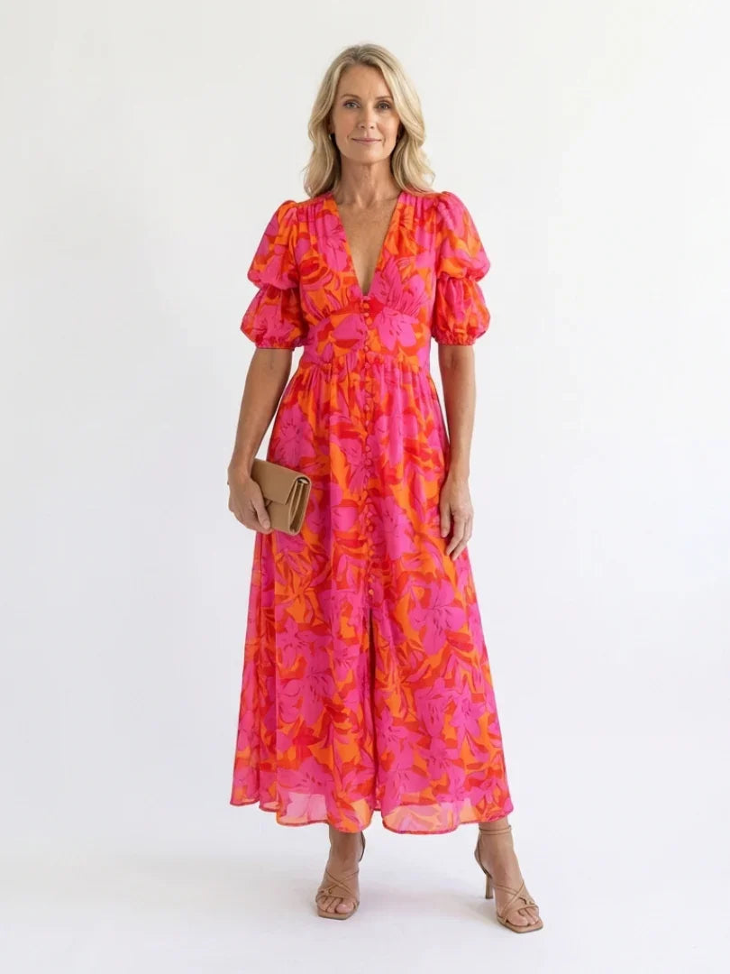 Saar - Boho Zomerjurk Dames met Pofmouwen en Diepe V-hals
