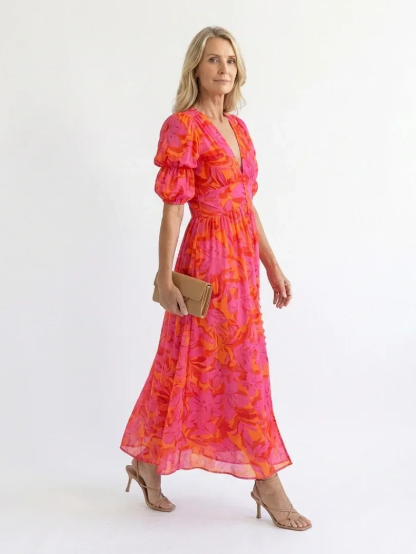 Saar - Boho Zomerjurk Dames met Pofmouwen en Diepe V-hals