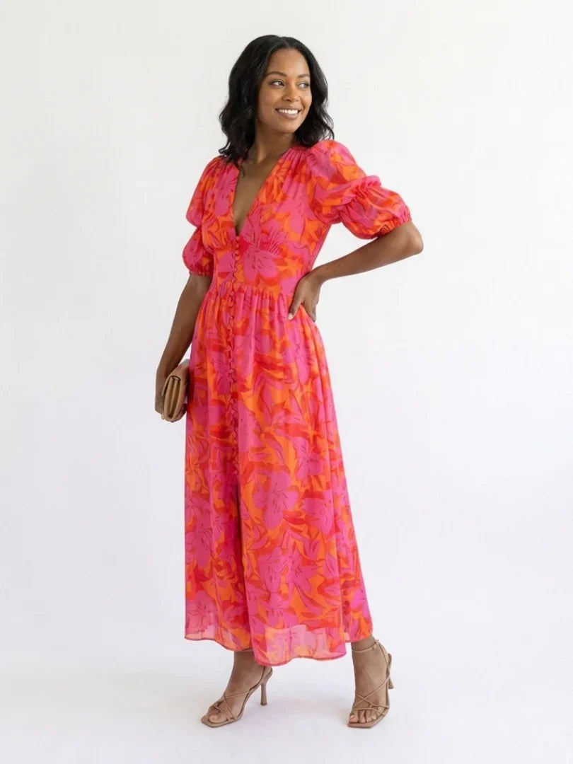 Saar - Boho Zomerjurk Dames met Pofmouwen en Diepe V-hals