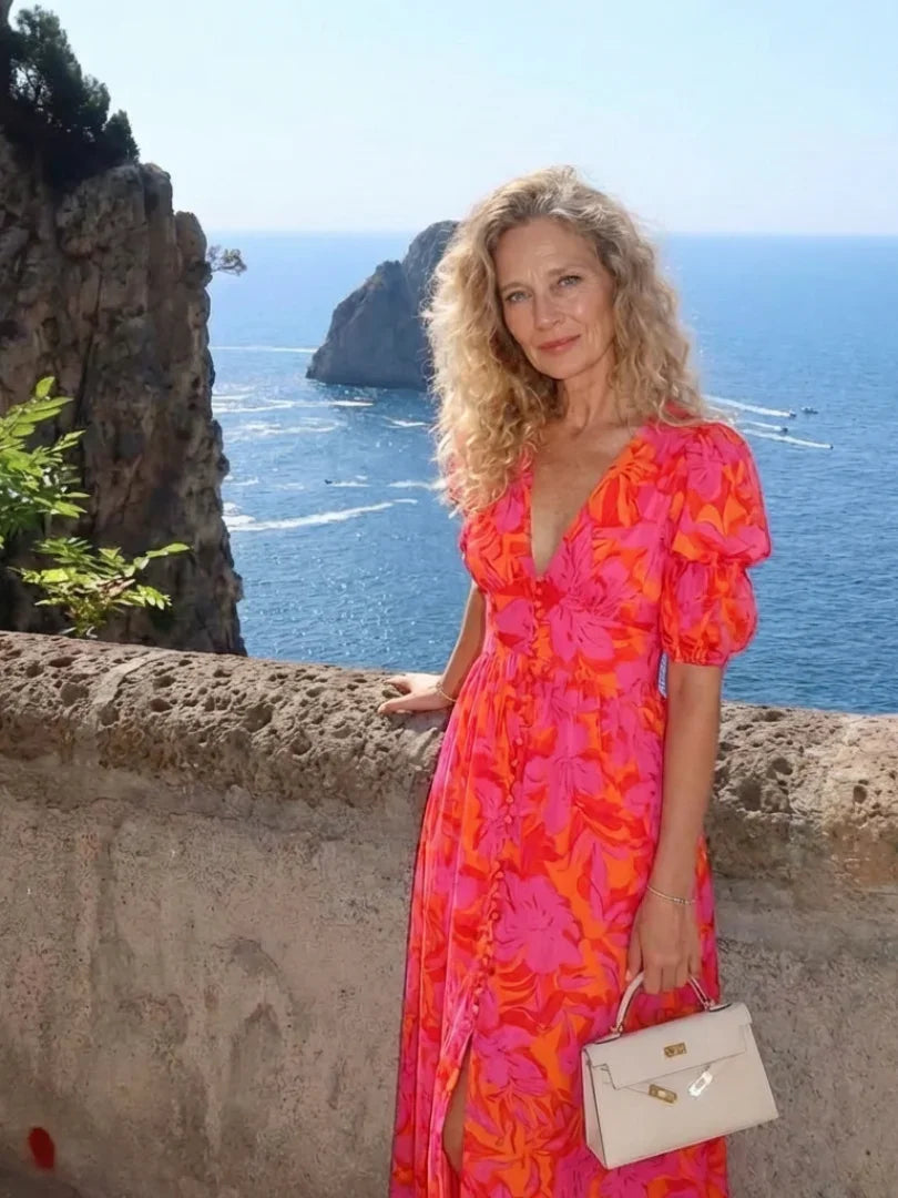 Saar - Boho Zomerjurk Dames met Pofmouwen en Diepe V-hals