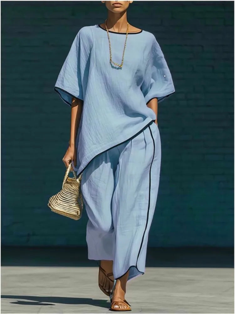 Saar - Chique Linnen Tweedelige Set Dames met Wijde Broek en Oversized Top