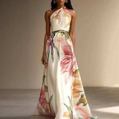 Saar - Elegante Maxi Jurk voor Bruiloft Gast Dames met Halternek en Bloemenprint
