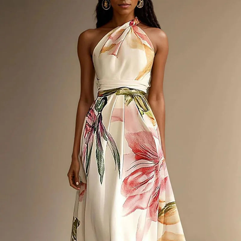Saar - Elegante Maxi Jurk voor Bruiloft Gast Dames met Halternek en Bloemenprint
