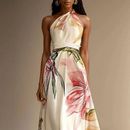 Saar - Elegante Maxi Jurk voor Bruiloft Gast Dames met Halternek en Bloemenprint