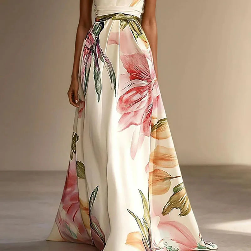 Saar - Elegante Maxi Jurk voor Bruiloft Gast Dames met Halternek en Bloemenprint