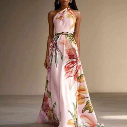 Saar - Elegante Maxi Jurk voor Bruiloft Gast Dames met Halternek en Bloemenprint