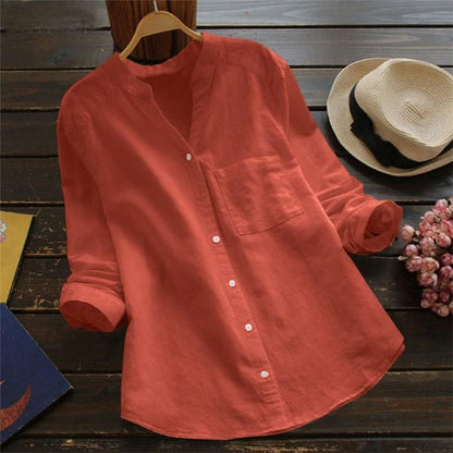 Lotte - Casual Linnen Blouse Dames met Knoopsluiting en Borstzak