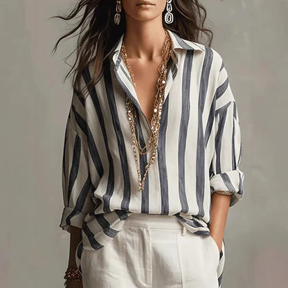 Saar - Stijlvolle Linnen Blouse Dames met Streepdessin en Oversized Pasvorm
