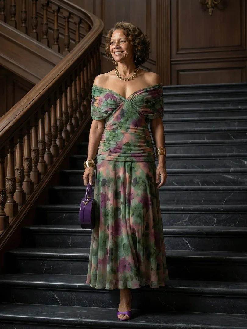 Saar - Vintage Zomerjurk Dames met Schoudervrije Hals en Getailleerde Taille