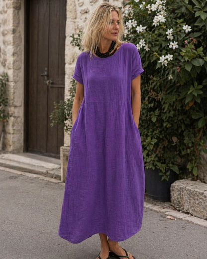 Sanne - Casual Linnen Zomerjurk Dames met Ronde Hals en Zijzakken