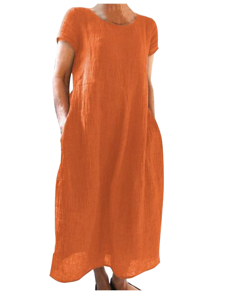 Sanne - Casual Linnen Zomerjurk Dames met Ronde Hals en Zijzakken