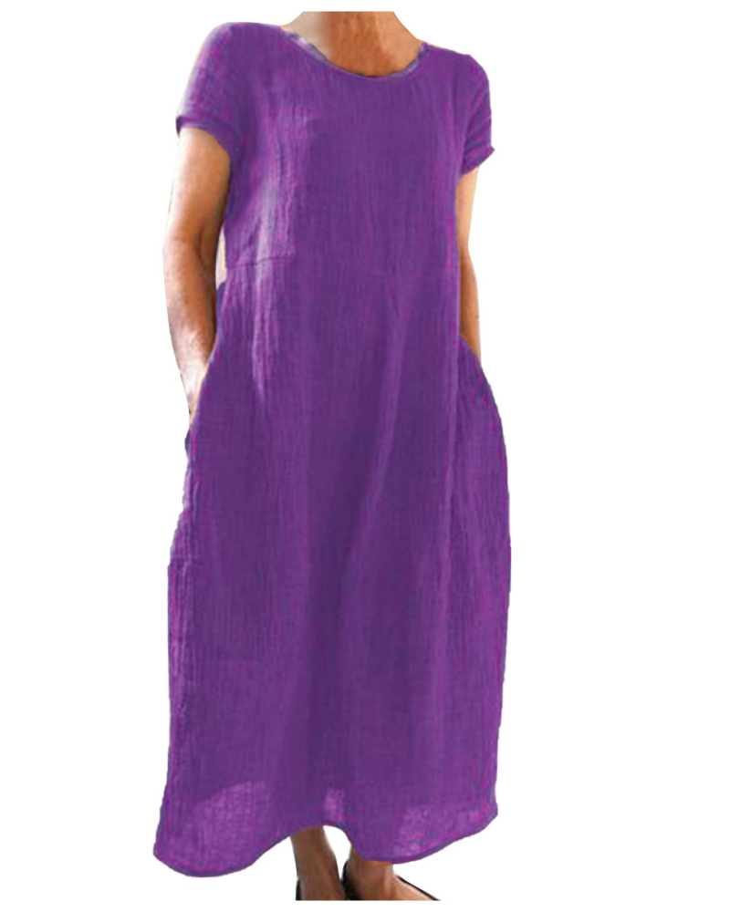Sanne - Casual Linnen Zomerjurk Dames met Ronde Hals en Zijzakken