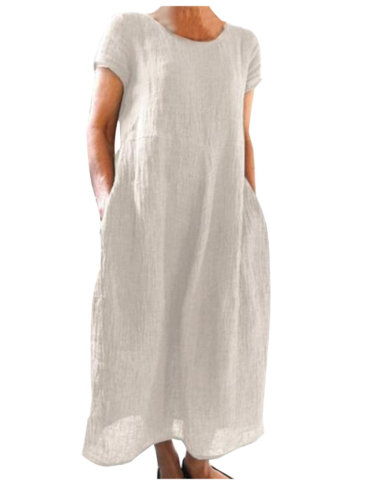 Sanne - Casual Linnen Zomerjurk Dames met Ronde Hals en Zijzakken