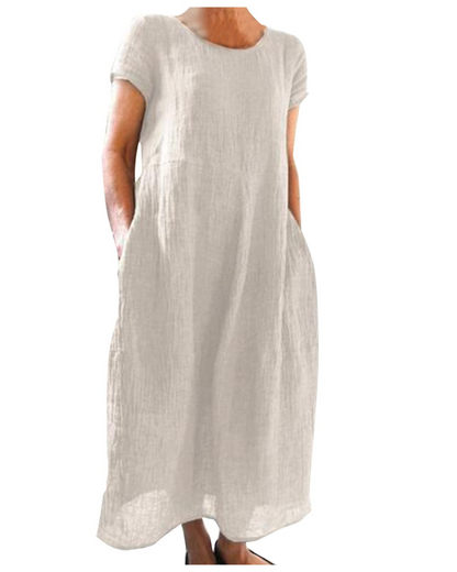 Sanne - Casual Linnen Zomerjurk Dames met Ronde Hals en Zijzakken