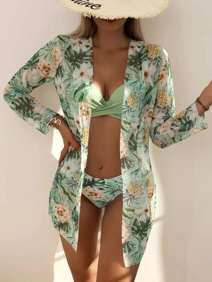 Sanne - Feestelijke Driedelige Bikini Set Dames met Cover-Up en Tropische Print