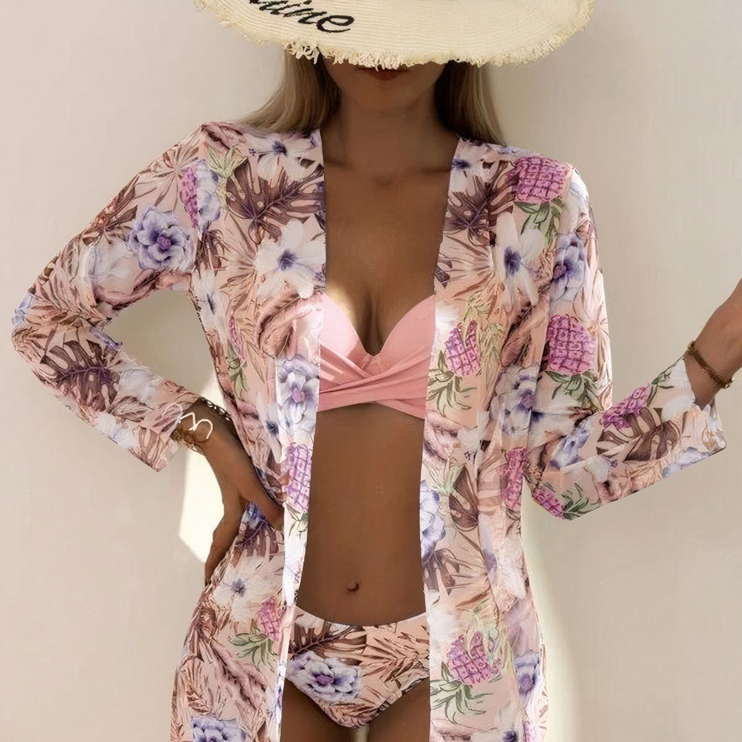 Sanne - Feestelijke Driedelige Bikini Set Dames met Cover-Up en Tropische Print