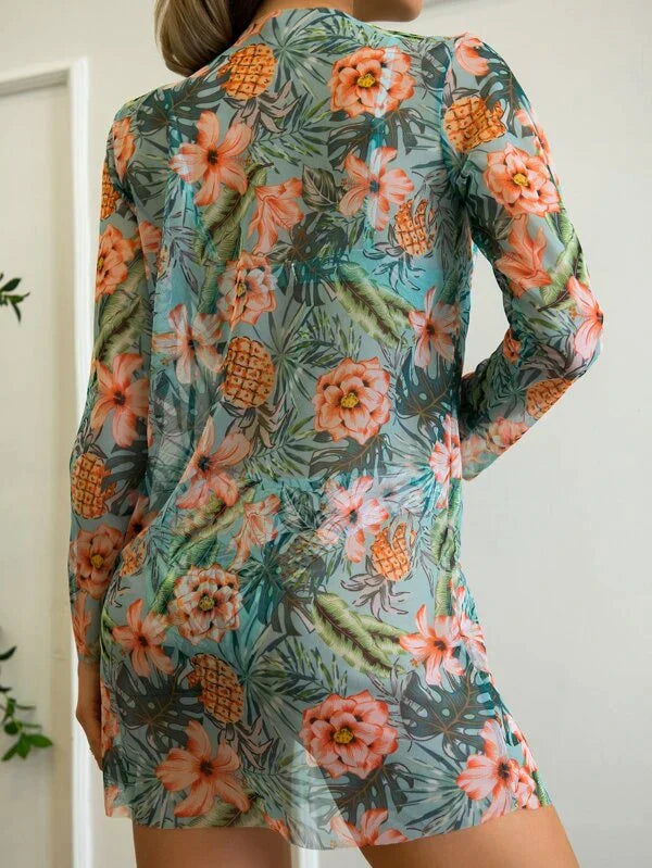 Sanne - Feestelijke Driedelige Bikini Set Dames met Cover-Up en Tropische Print