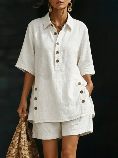 Sanne - Relaxte Linnen Zomerset Dames met Oversized Blouse en Shorts
