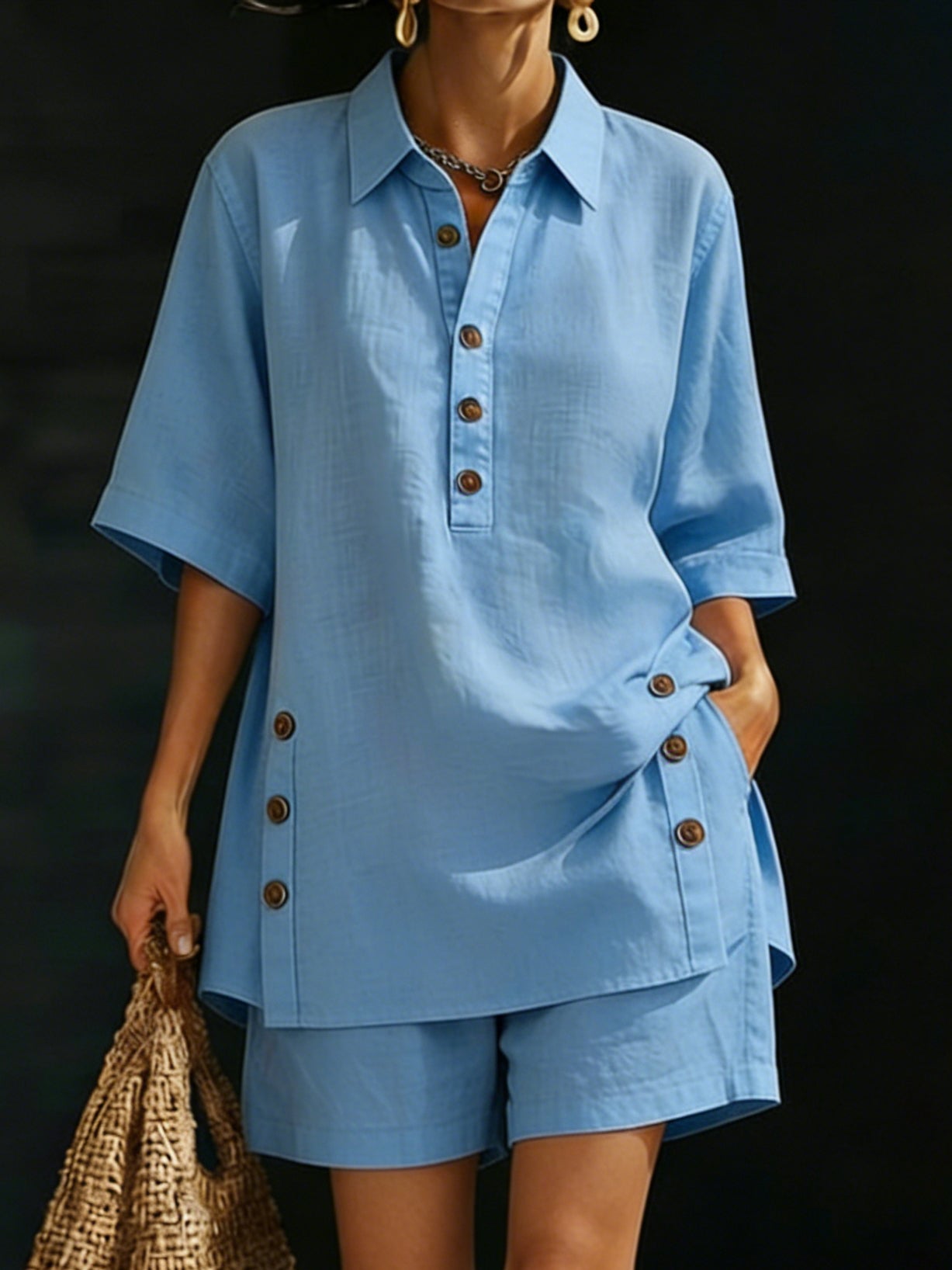 Sanne - Relaxte Linnen Zomerset Dames met Oversized Blouse en Shorts