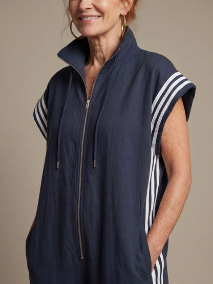 Sanne - Stoere Wijde Linnen Jumpsuit Dames met Capuchon en Ritssluiting