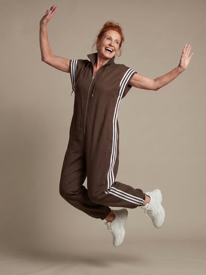 Sanne - Stoere Wijde Linnen Jumpsuit Dames met Capuchon en Ritssluiting