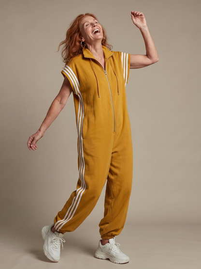 Sanne - Stoere Wijde Linnen Jumpsuit Dames met Capuchon en Ritssluiting
