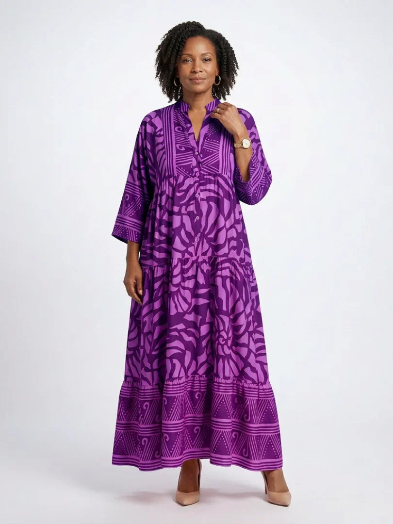 Sanne - Trendy Grote Maten Maxi Jurk Dames met Grafische Print en Getailleerde Pasvorm