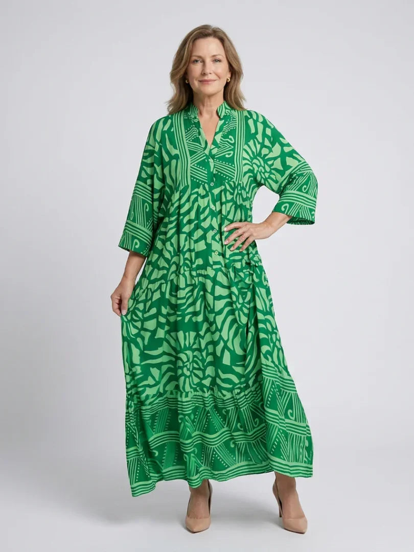 Sanne - Trendy Grote Maten Maxi Jurk Dames met Grafische Print en Getailleerde Pasvorm