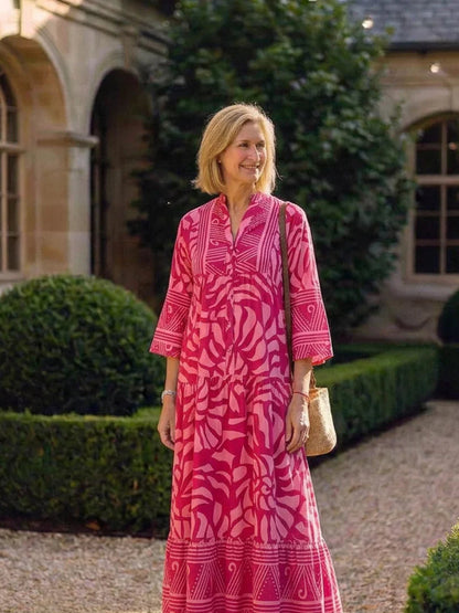 Sanne - Trendy Grote Maten Maxi Jurk Dames met Grafische Print en Getailleerde Pasvorm
