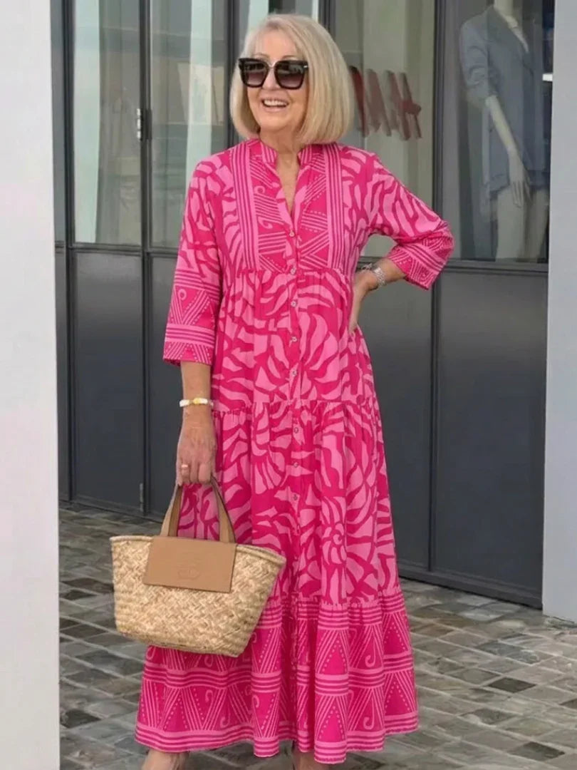 Sanne - Trendy Grote Maten Maxi Jurk Dames met Grafische Print en Getailleerde Pasvorm