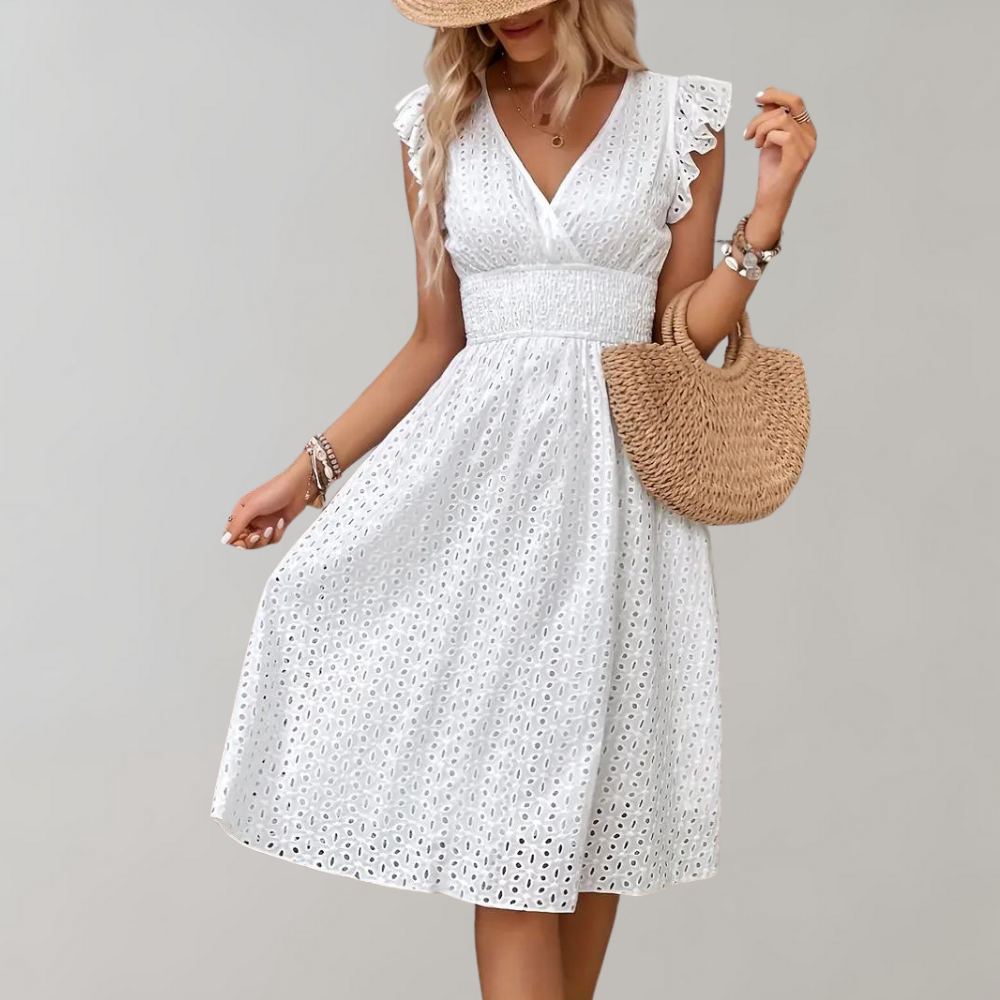 Sanne - Vrolijke Zomerjurk Dames met V-hals en Broderie Ruches