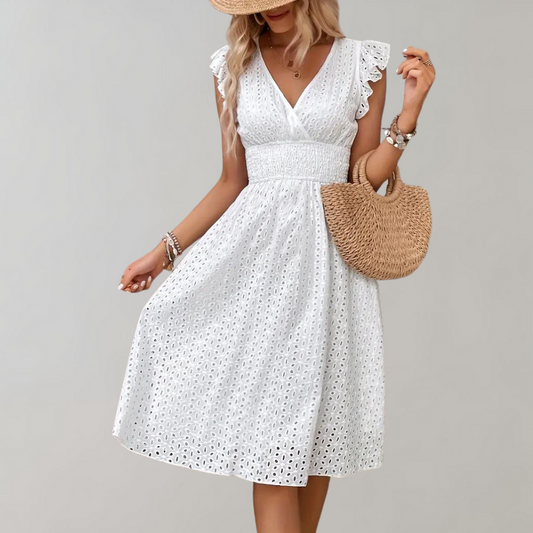 Sanne - Vrolijke Zomerjurk Dames met V-hals en Broderie Ruches