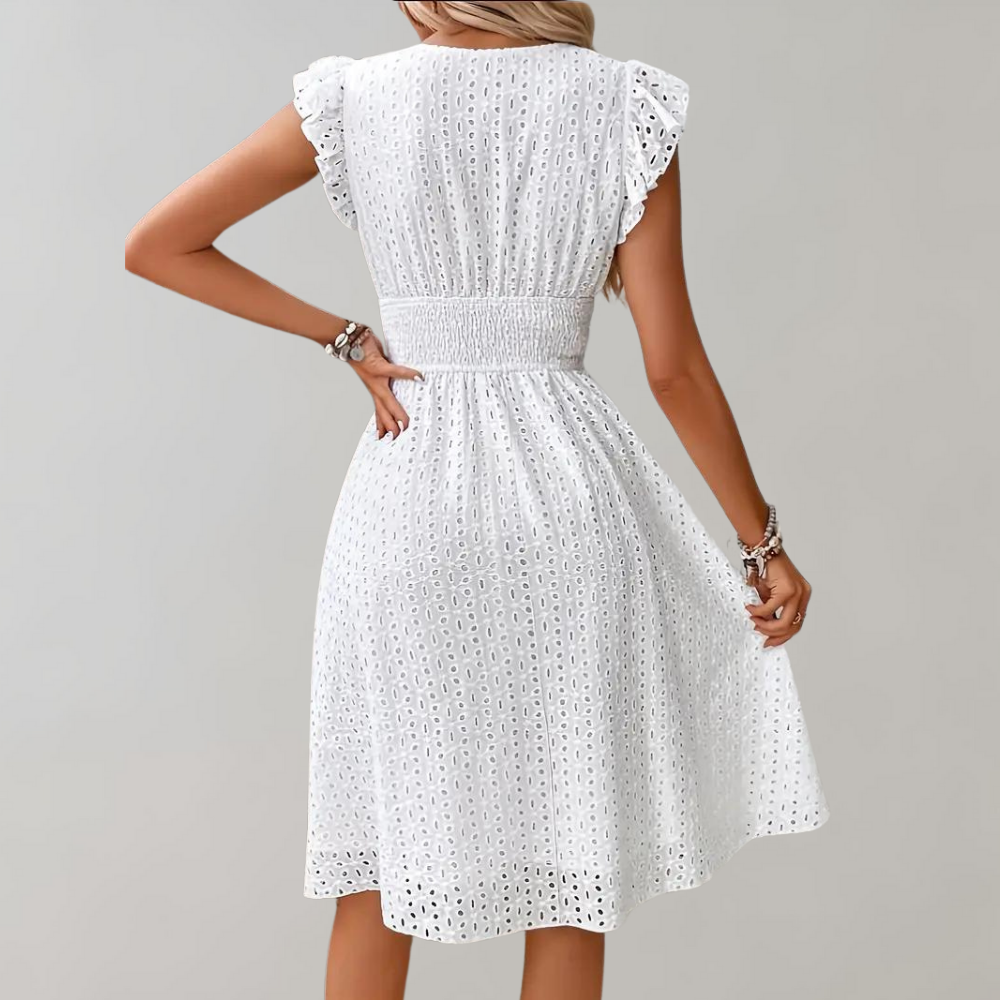 Sanne - Vrolijke Zomerjurk Dames met V-hals en Broderie Ruches