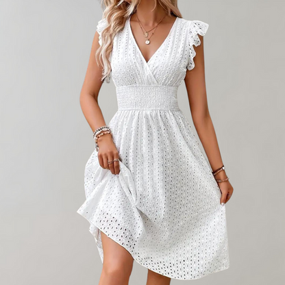 Sanne - Vrolijke Zomerjurk Dames met V-hals en Broderie Ruches