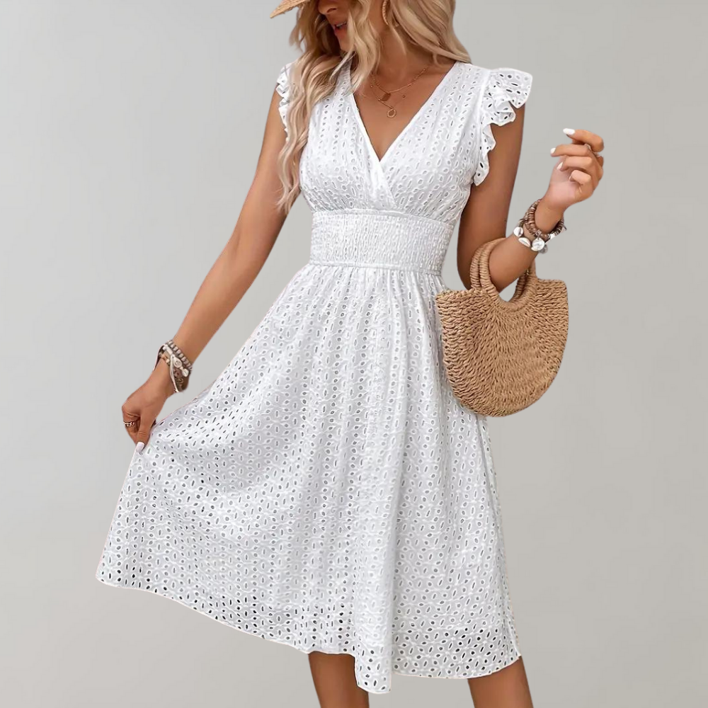 Sanne - Vrolijke Zomerjurk Dames met V-hals en Broderie Ruches
