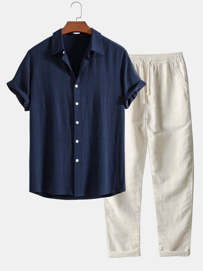 Sem - Stoere Linnen Zomer Set Heren met Korte Mouw Overhemd en Broek
