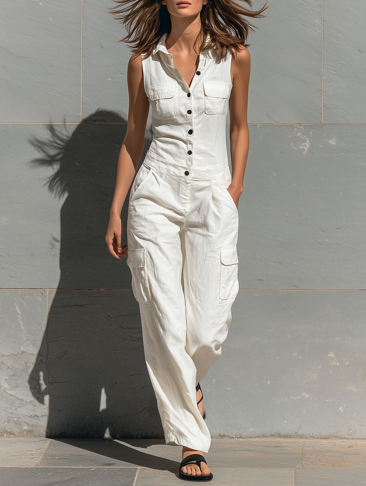 Sophie - Stoere Linnen Jumpsuit Dames met Cargo Zakken en Knoopsluiting