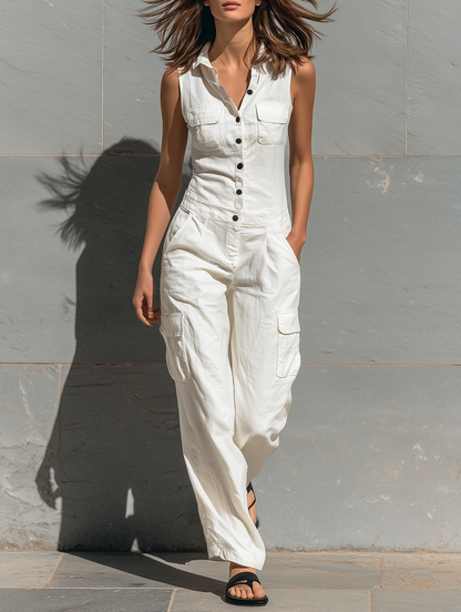 Sophie - Stoere Linnen Jumpsuit Dames met Cargo Zakken en Knoopsluiting