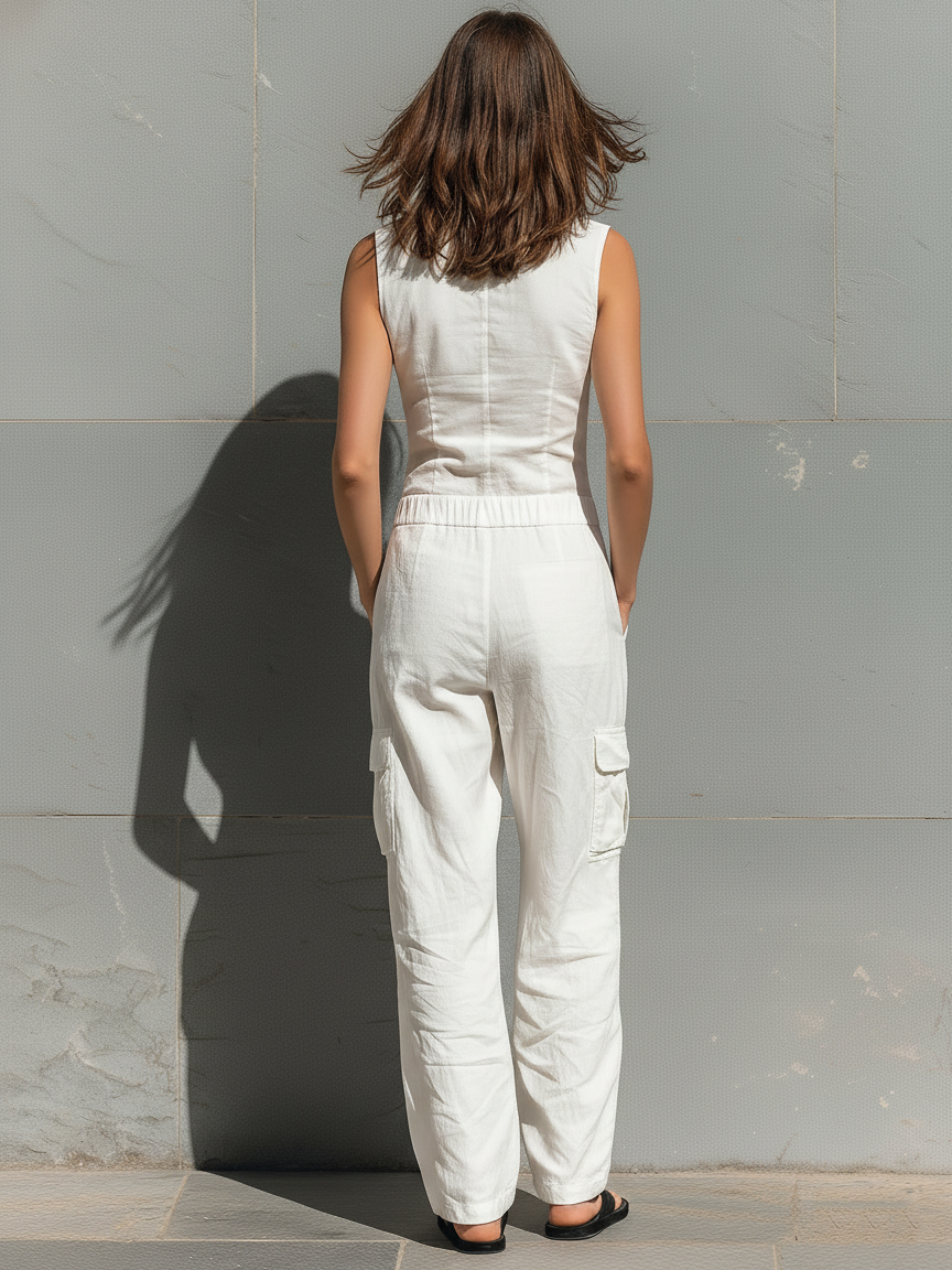 Sophie - Stoere Linnen Jumpsuit Dames met Cargo Zakken en Knoopsluiting