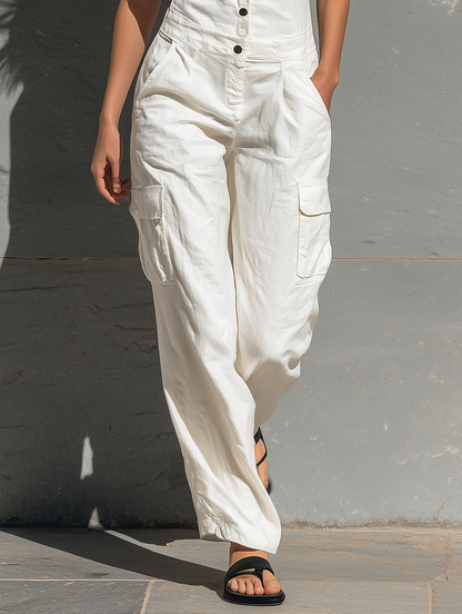 Sophie - Stoere Linnen Jumpsuit Dames met Cargo Zakken en Knoopsluiting