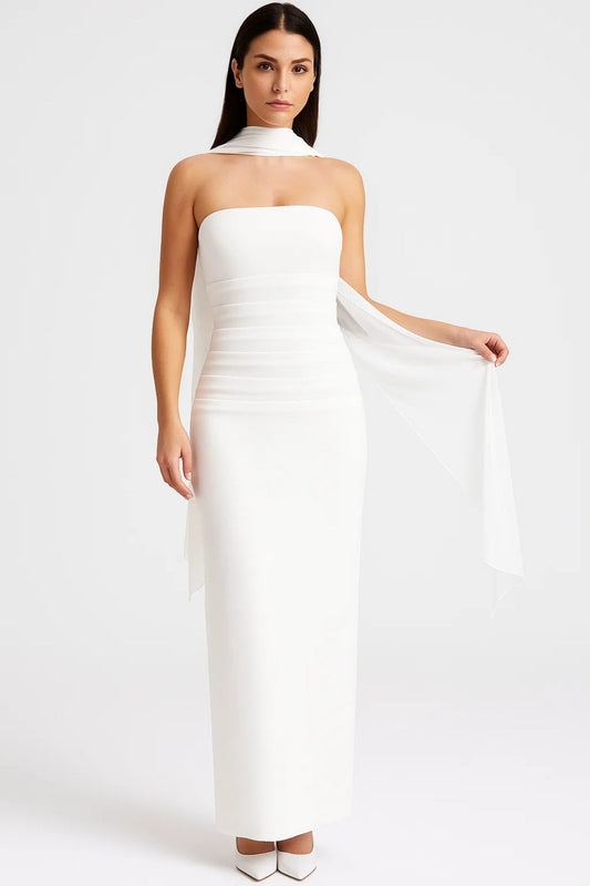 Strapless Avondjurk | Elegante Lange Snit met Sjaaldetail | Lichtgewicht en Ademend