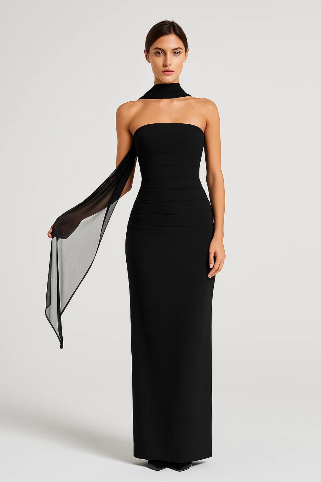 Strapless Avondjurk | Elegante Lange Snit met Sjaaldetail | Lichtgewicht en Ademend