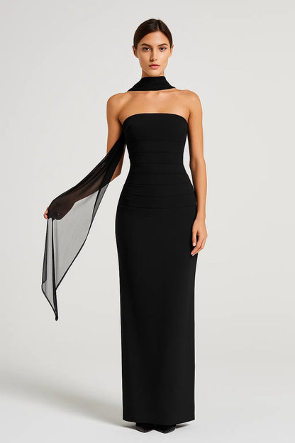 Strapless Avondjurk | Elegante Lange Snit met Sjaaldetail | Lichtgewicht en Ademend